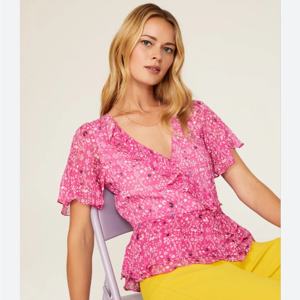 Tanya Taylor Bianka Faux Wrap Silk Top Blouse